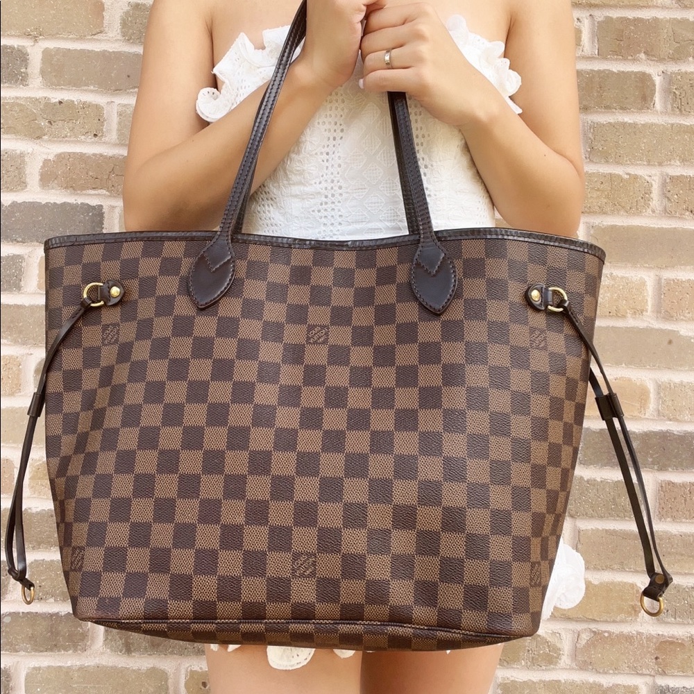 Authentic✅ LOUIS VUITTON Damier Ebene Neverfull MM Tote Bag Red - Picture 2 of 16